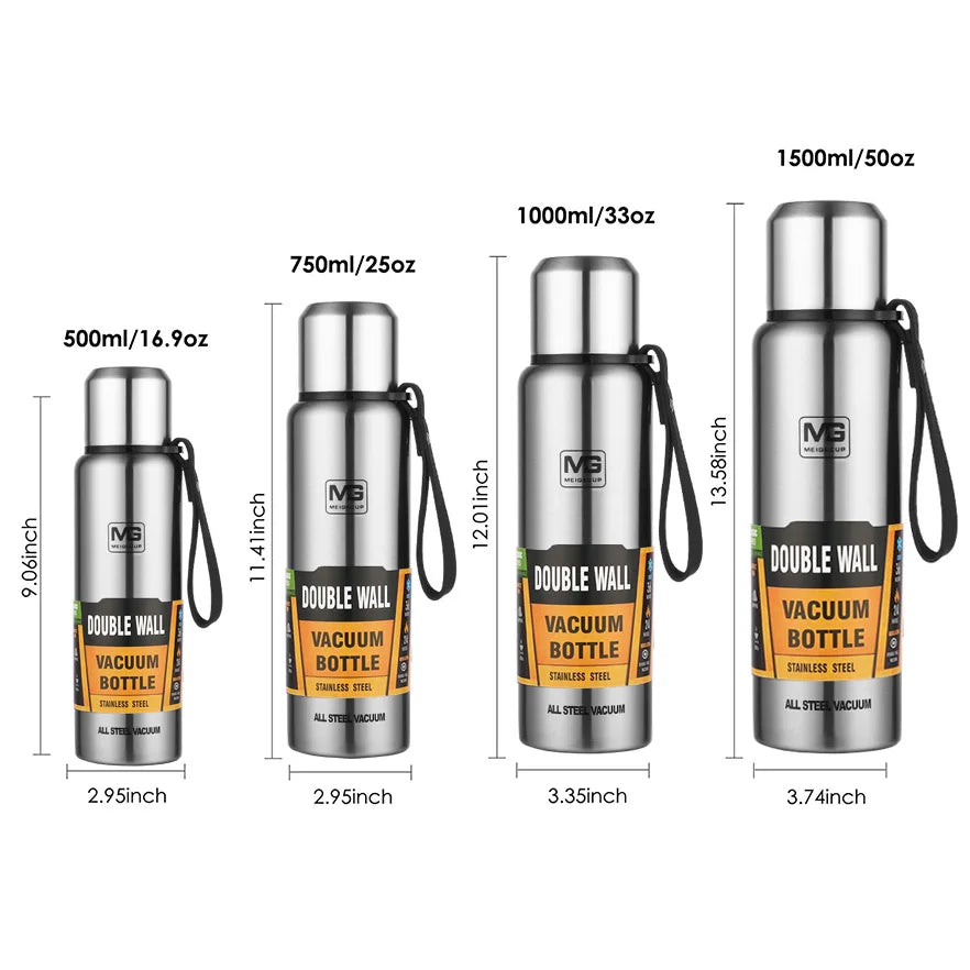 Premium Stainless Steel Insulated Flask with Carry Rope (500-1500ml)